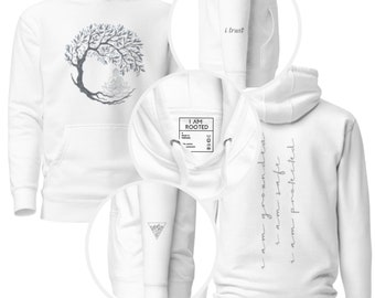 I Am Grounded, I Am Safe, I Am Protected, I Trust, Earth Symbol Unisex Hoodie, Buddha, Tree of Life, I Am Rooted, Comfy, Cozy, Hoodie, White