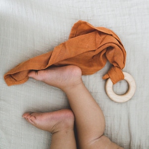 Baby MUSLIN WOODEN RATTLE Wooden toy with an organic cotton and bambou double gauze lovey attached image 1