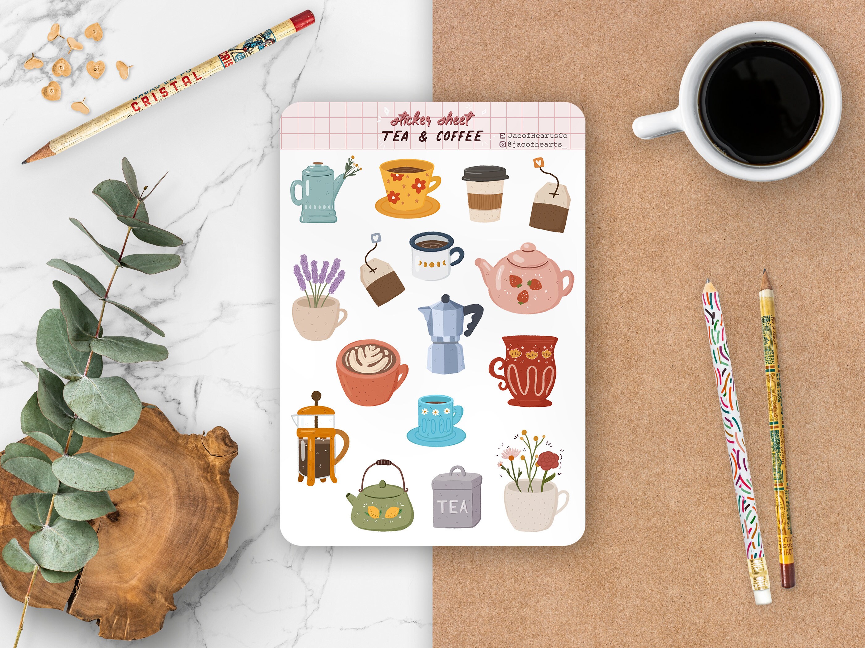 tea coffee sticker sheet cute and colourful stickers etsy