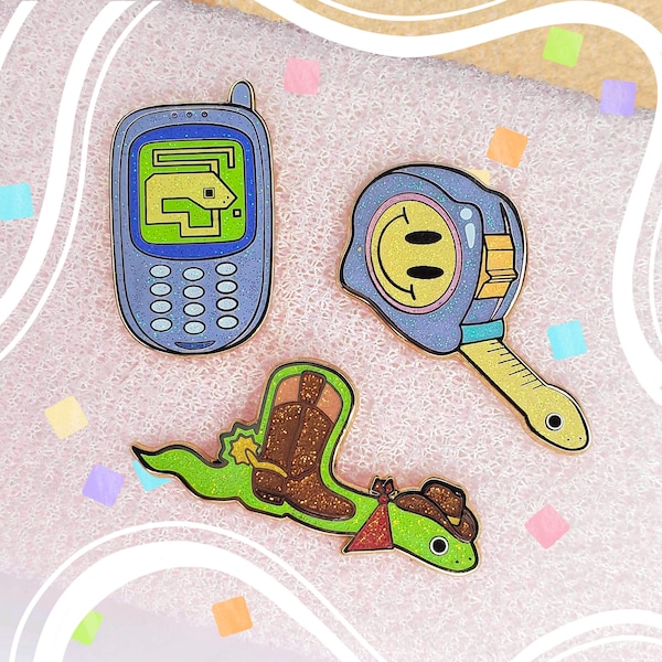 SILLY SNAKES | "sn8k, measuring snake, boot in my snake" | y2k snake game boot snake cowboy snake cute pastel glitter hard enamel pins