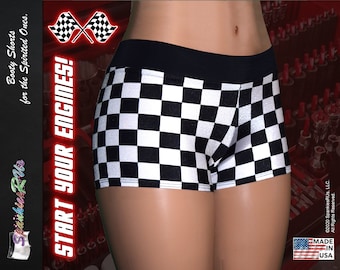 Checkered Flag Racing Booty Shorts Racing, White, Red, Blue, Green, Pink, Silver, Turquoise, Stripes, Pattern