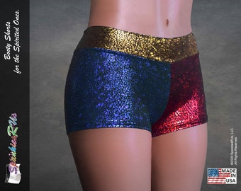 Superheld geïnspireerd rood/blauw/goud Combo Booty Shorts!, Hologram