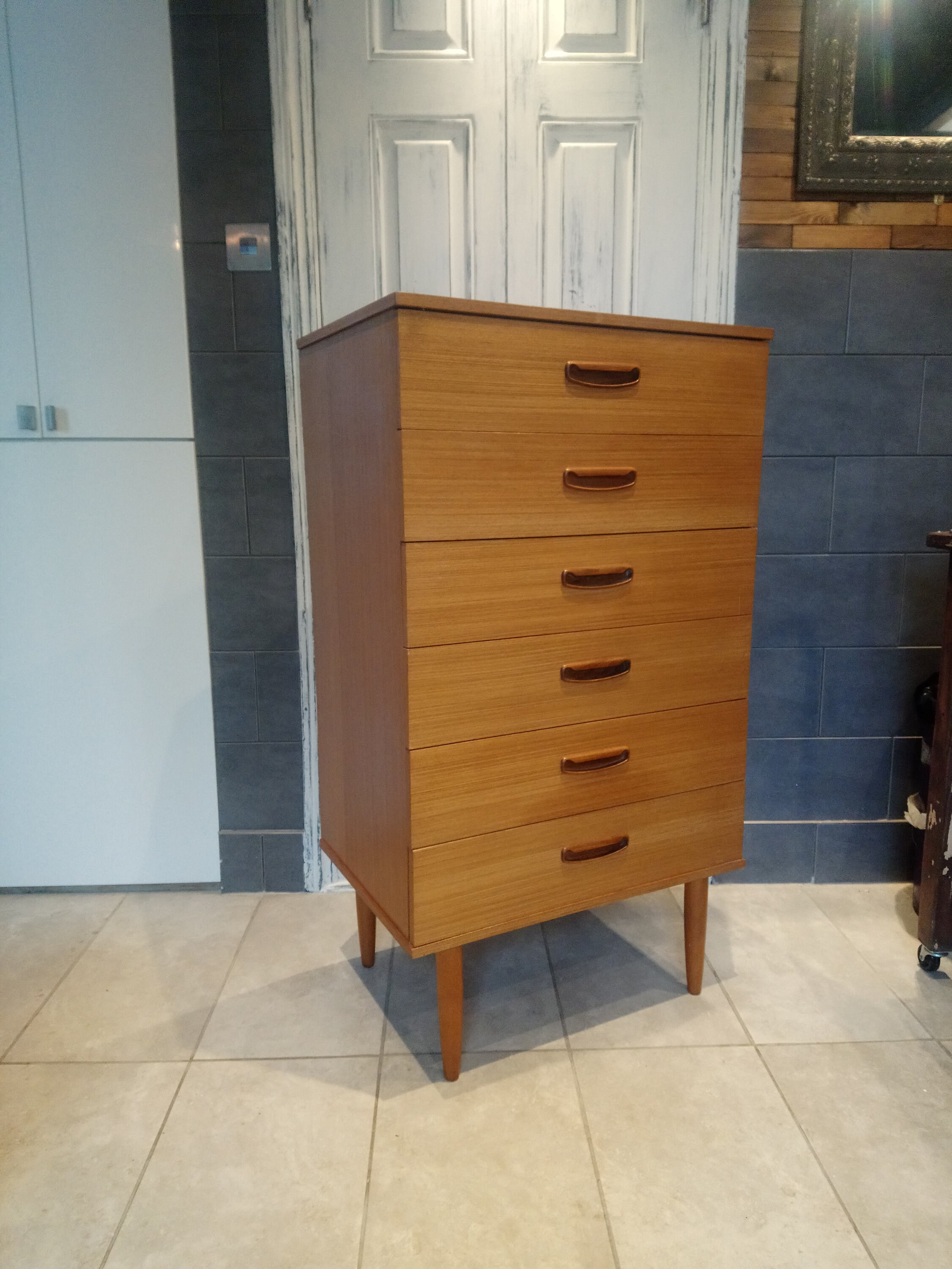 Tallboy Teak Veneer Chest Of Drawers Retro Vintage Mid Etsy