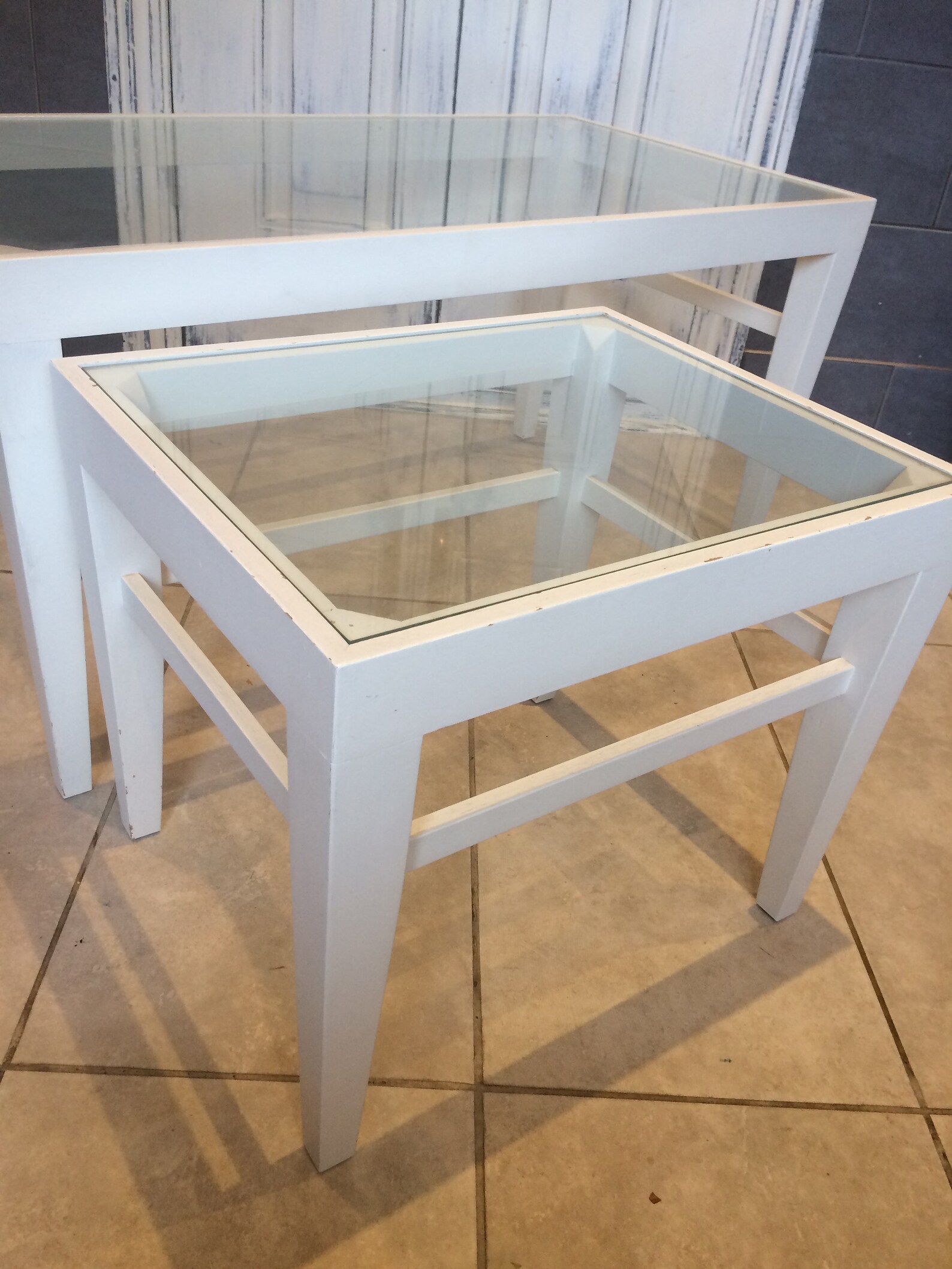 Handmade nest of tables glass top with white painted wooden Etsy