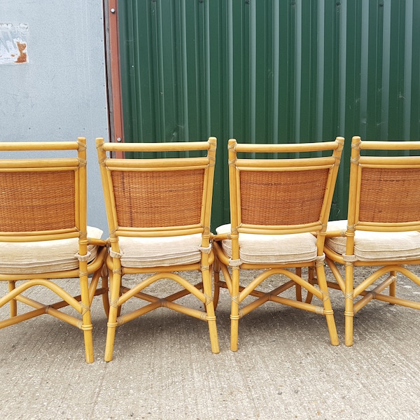 Chairs dining bamboo set of four upholstered rattan infill Angraves retro vintage