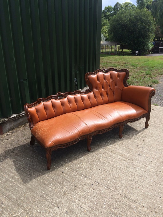 Tan Brown Leather Chaise Longue French, Tan Leather Chaise Lounge