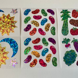 Stickers vintage rares Hambly - étoiles soleil lune, fèves à la gelée, légumes