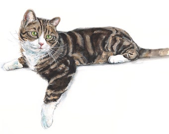May include: A watercolor painting of a tabby cat with white markings lying on its side. The cat has green eyes and is looking directly at the viewer.