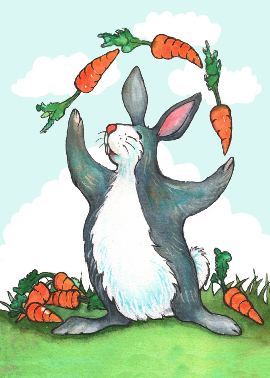 Juggling BUNNY Blank Greetings Card - Original Artwork Designs ...