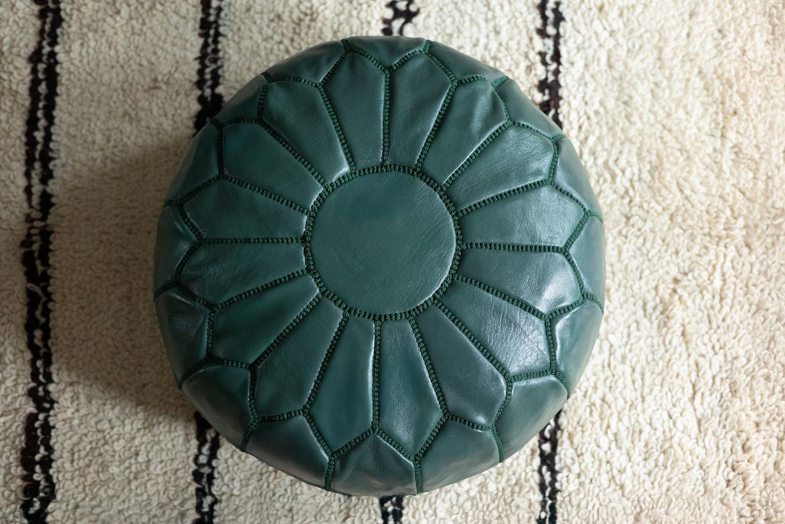 Teal Leather Pouf with Matching Stitching - Fes — view 3