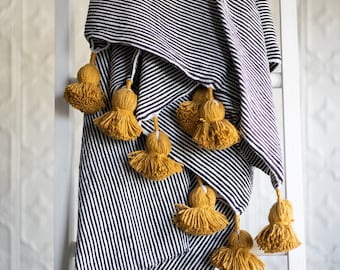 Moroccan Pom Pom Throw Blanket - Black and White Stripe with Mustard Yellow Tassels /  Handwoven Cotton Decorative blanket