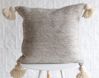 20" Wool Moroccan Pom Pom Pillow - Brown + White Pinstripe / Handmade wool throw pillow / Striped Decorative Pillow / Soft texture pillow