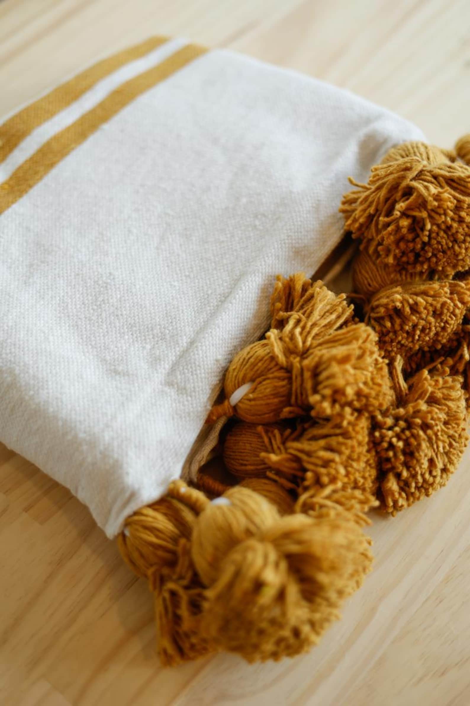 Moroccan Pom Pom Cotton Throw Blanket – Mustard Yellow Stripe — view 3