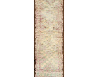 Checker Vintage Boujaad Moroccan Runner Rug 3'11 x 9'6 / Pastel Rug / Checkerboard Rug / Muted Colors Rug / Runner Rug / Vintage Pastel Rug