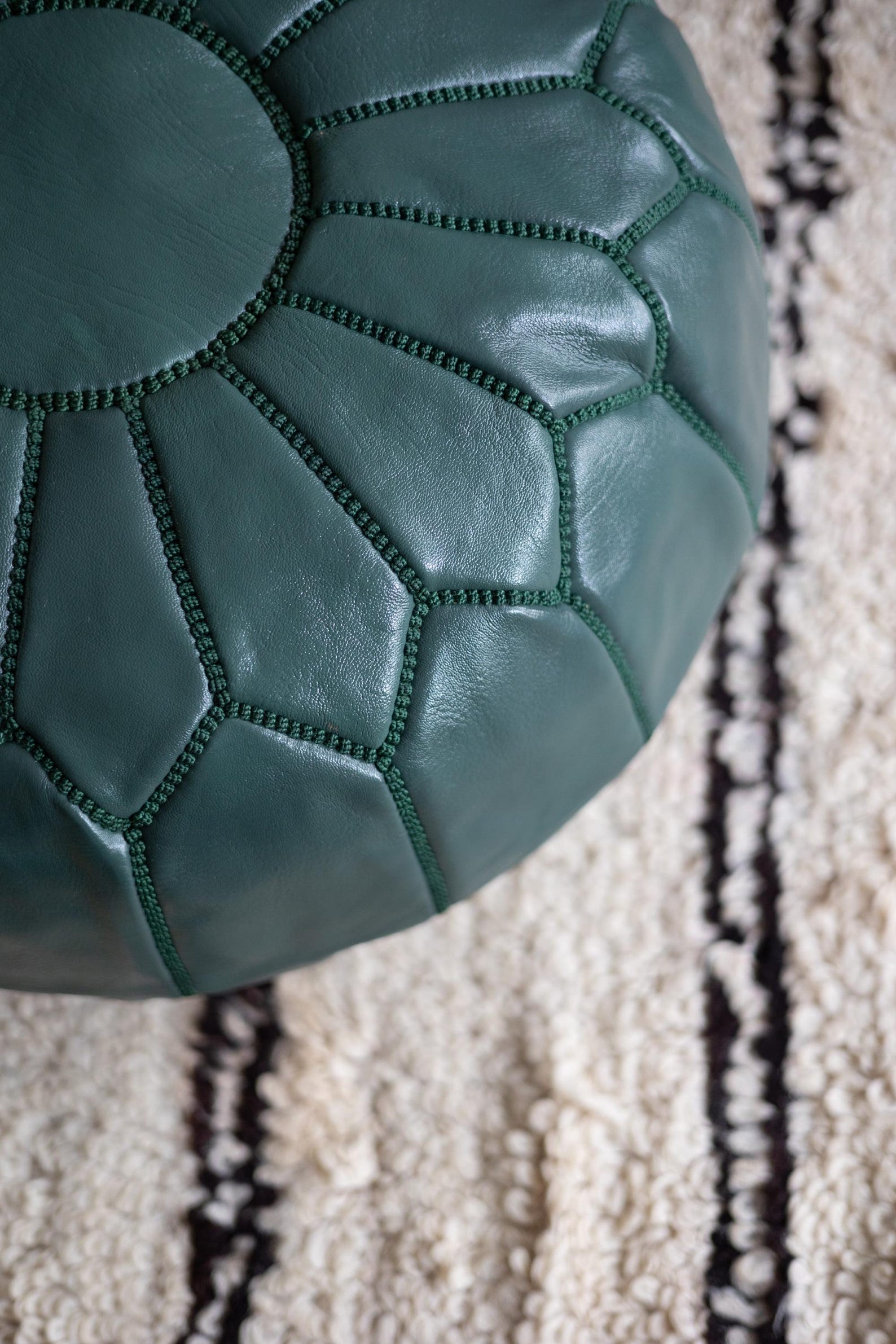 Teal Leather Pouf with Matching Stitching - Fes — view 4