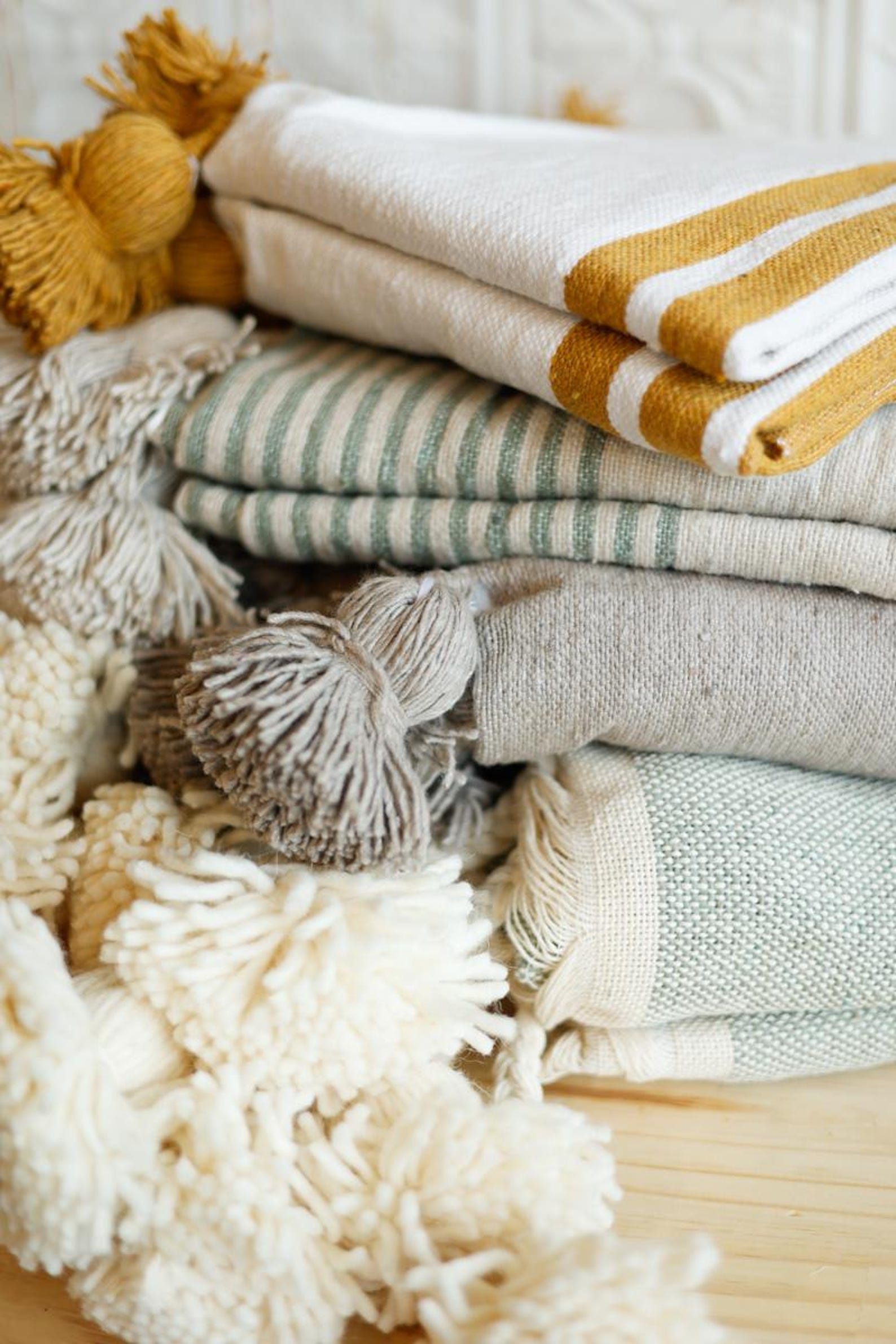 Moroccan Pom Pom Cotton Throw Blanket – Mustard Yellow Stripe — view 10
