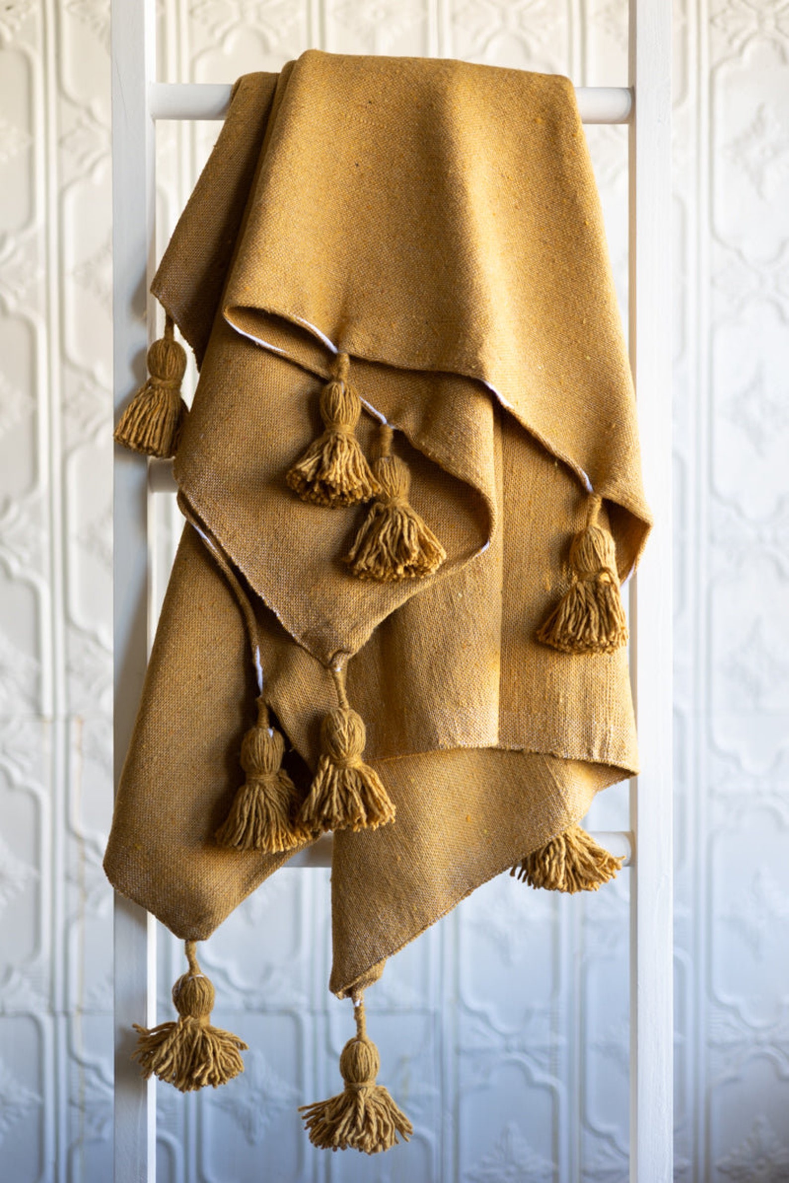 Moroccan Pom Pom Cotton Throw Blanket – Mustard Yellow Stripe — view 4