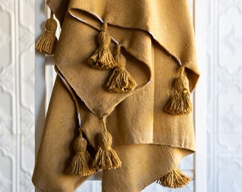 Moroccan Pom Pom Throw Blanket - Mustard Yellow - Tassel blanket / Cotton Blanket / Bed Throw / Throw / Lap Blanket / Couch Throw
