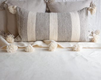 Wool Pom-Pom Lumbar Pillow - Brown + White Pinstripe / Moroccan pom-pom / Bed pillow / double-wide pillow / long pillow / Striped pillow