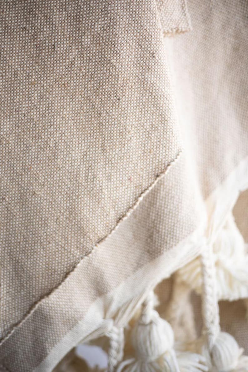 Sage Green Moroccan Pom Pom Throw Blanket Cotton with Long Wool Tassels / Bed throw / Couch Throw / Lap Blanket / Pom-pom blanket image 8