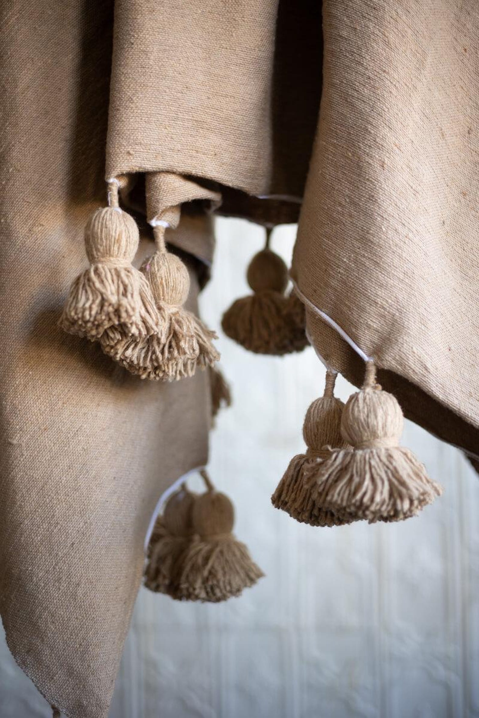 Beige Moroccan Pom Pom Blanket - Handwoven Cotton Queen Coverlet — view 6