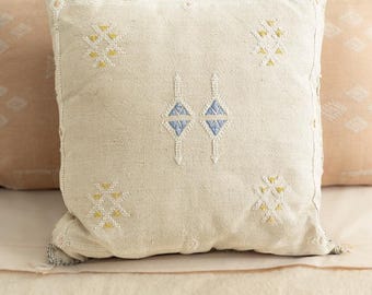 Cream with Light Blue + Canary Yellow Moroccan "Sabra Cactus Silk" Pillow