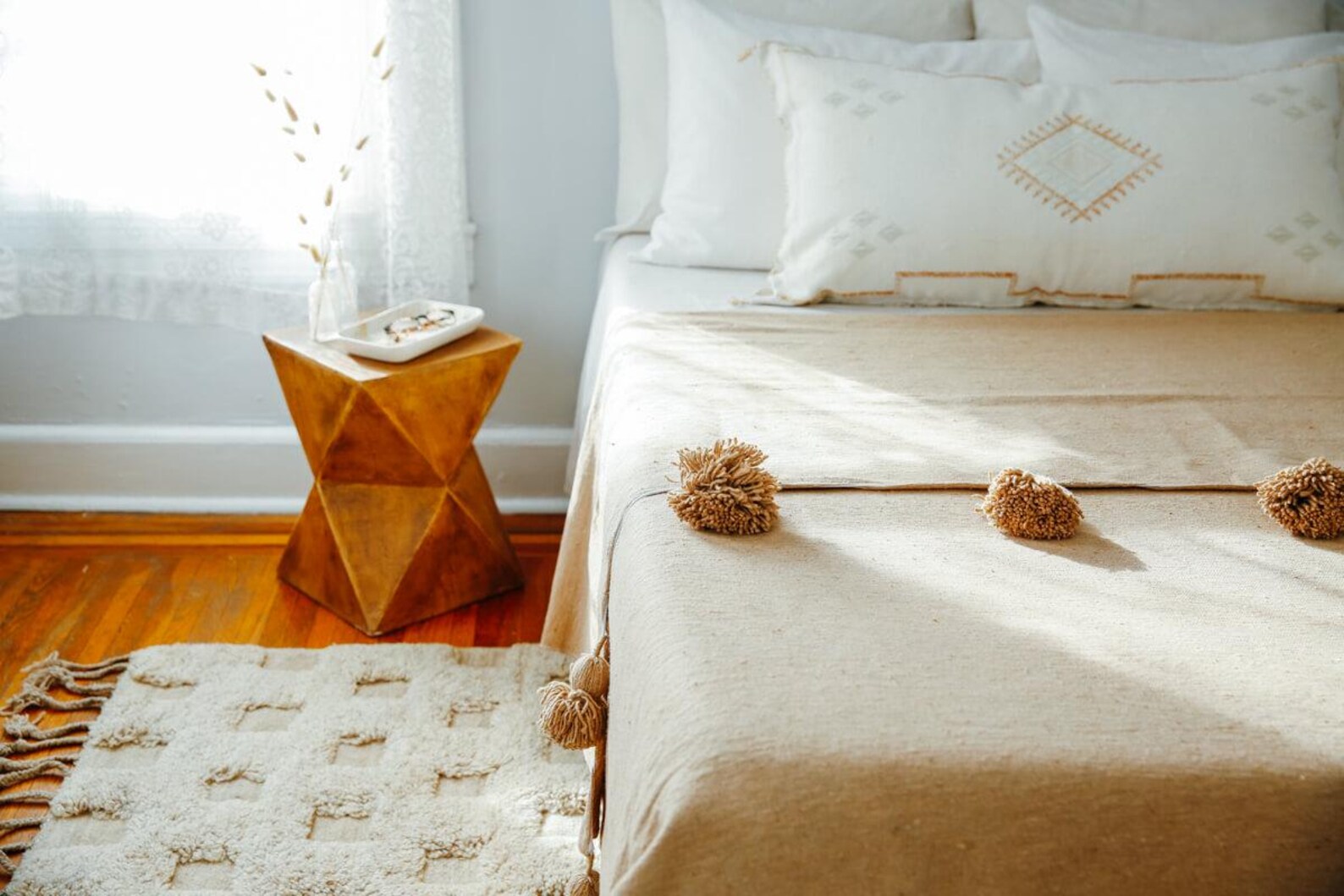 Beige Moroccan Pom Pom Blanket - Handwoven Cotton Queen Coverlet — view 4