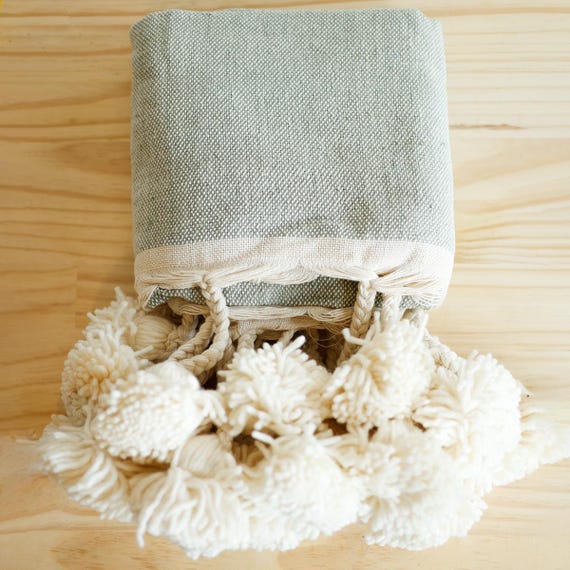 Sage Green Moroccan Pom Pom Throw Blanket Cotton with Long Wool Tassels / Bed throw / Couch Throw / Lap Blanket / Pom-pom blanket