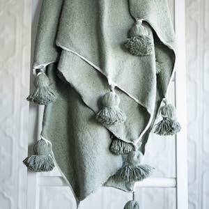 Moroccan Pom Pom Throw Blanket - Sage Green