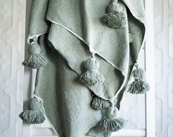 Moroccan Pom Pom Throw Blanket - Sage Green / Tassel blanket / Cotton Blanket / Bed Throw/ Throw / Lap Blanket / Couch Throw / Housewarming