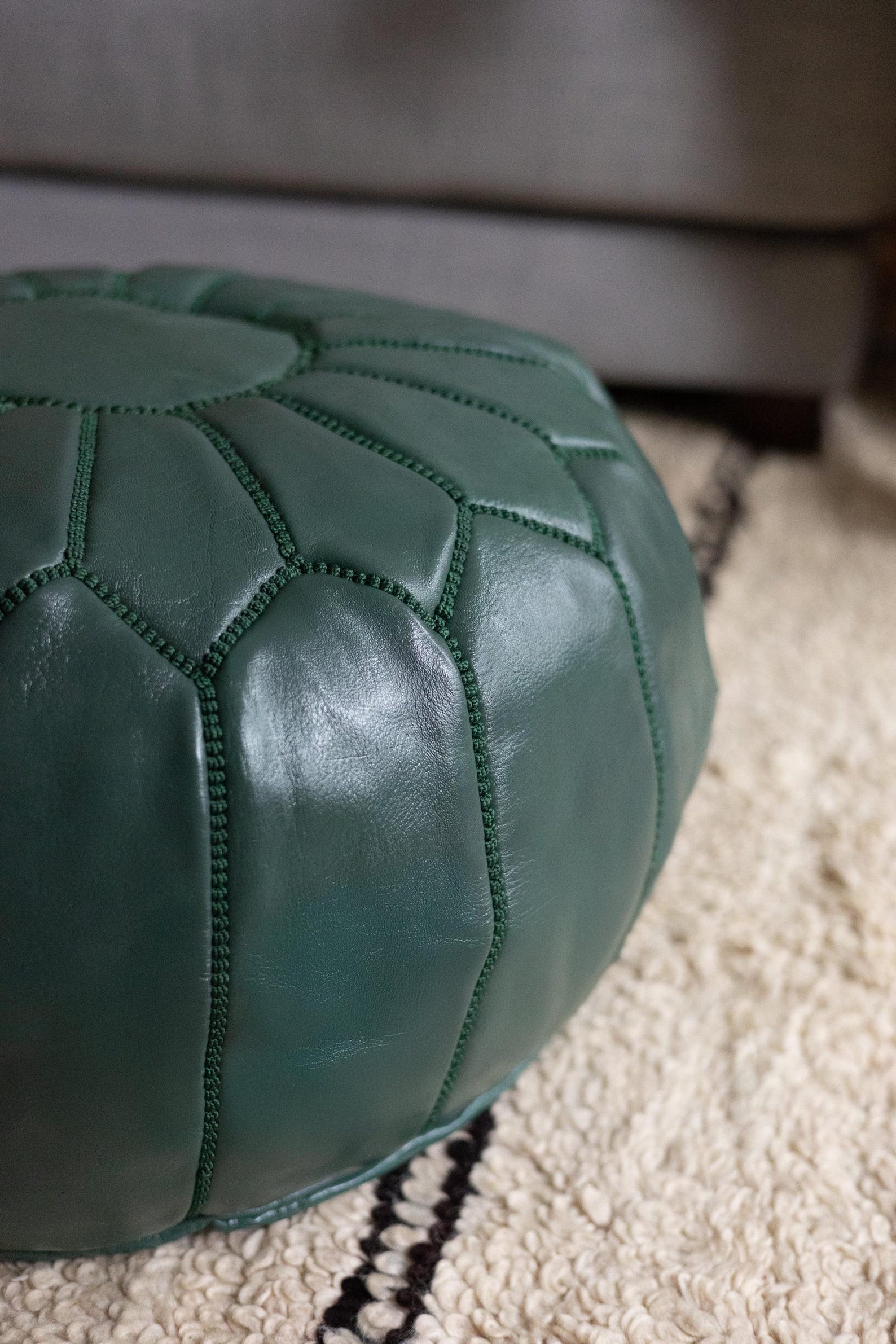 Teal Leather Pouf with Matching Stitching - Fes — view 5