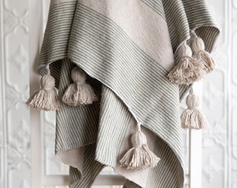 Handmade Moroccan Pom Pom Throw Blanket - Cream + Sage Green Stripe - Cotton Throw / Lap Blanket / Couch Throw