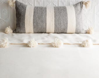 Wool Pom-Pom Lumbar Pillow - Black Pinstripe / Moroccan pom-pom Pillow / Bed pillow / double-wide pillow / long pillow / Striped pillow