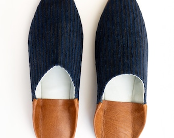 Women's Navy Blue  African Textile + Leather House Shoes / Womens Slippers / Moroccan Babouches / Slip-ons / Women's Mules / Women Size 7