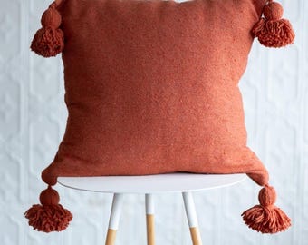 20" Moroccan Pom Pom Pillow - Tomato Red-Orange - Tassel Pillows / Bed Pillow /Throw Pillows / Accent pillow / Statement Color / Decorative