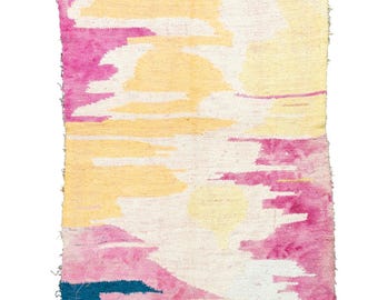 SOLANA Watercolor Moroccan Boucherouite Rug 6'6" x 3'8" / Moroccan Rug / Hypoallergenic Rug / Rainbow Wash Rug / Kids Room Rug / Vegan Rug
