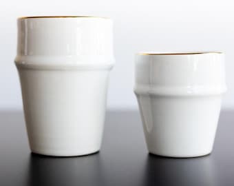 White & Gold leaf Beldi Moroccan Handmade Ceramic Cup - Available in 4 oz and 8oz - Coffee Tea Handless Mug