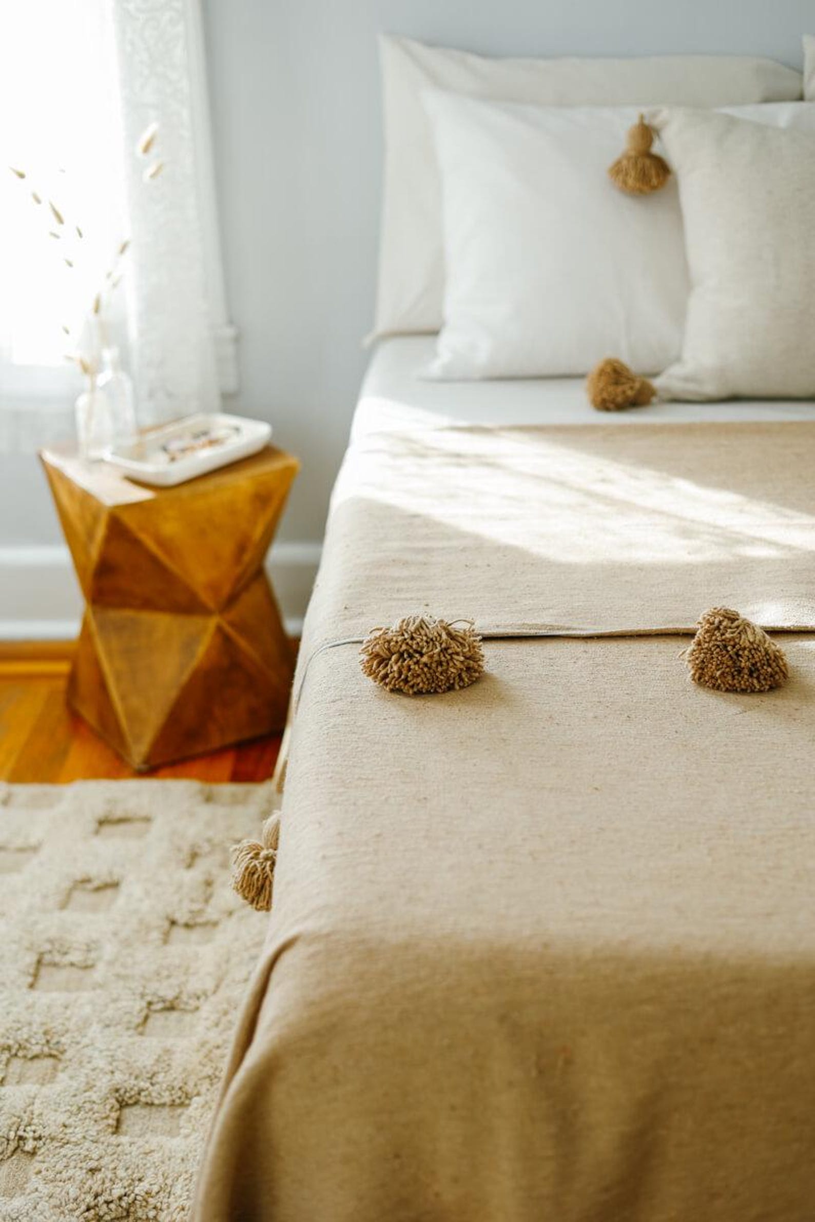 Beige Moroccan Pom Pom Blanket - Handwoven Cotton Queen Coverlet — view 3