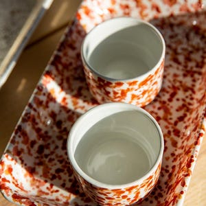 Gift Bundle - Splatter Paint Ceramic Coffee Tea Cups & Tray Serving Set - Marsala red, orange Handmade