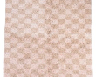 Pink + Tan Checkerboard Moroccan Rug - 4'2" x 6'5"
