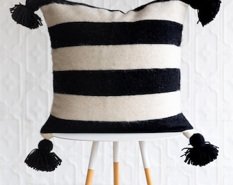 20" Wool Moroccan Pom Pom Pillow - Black + White Broad Stripe - Handmade wool throw pillow / Striped Decorative Pillow / Soft texture pillow
