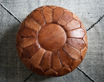 Luxury double lined leather - Toffee colored round natural leather pouf - 20"x14"inches