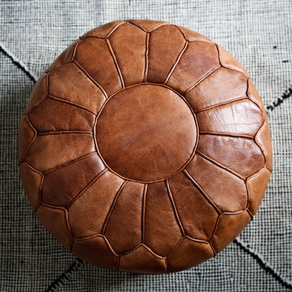 Luxury double lined leather - Toffee colored round natural leather pouf - 20"x14"inches