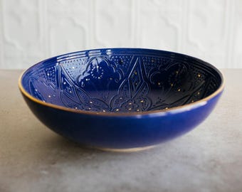 Handmade Chabi Chic Majorelle Blue Empreinte Serving Bowl - Large Bowl - Moroccan Pottery - Ceramic - Bold Kitchen Colors - Dark Blue