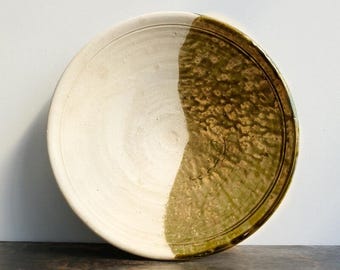 Half-Dipped Yellow Tamegroute Moroccan Ceramic Platter / Handmade Pottery