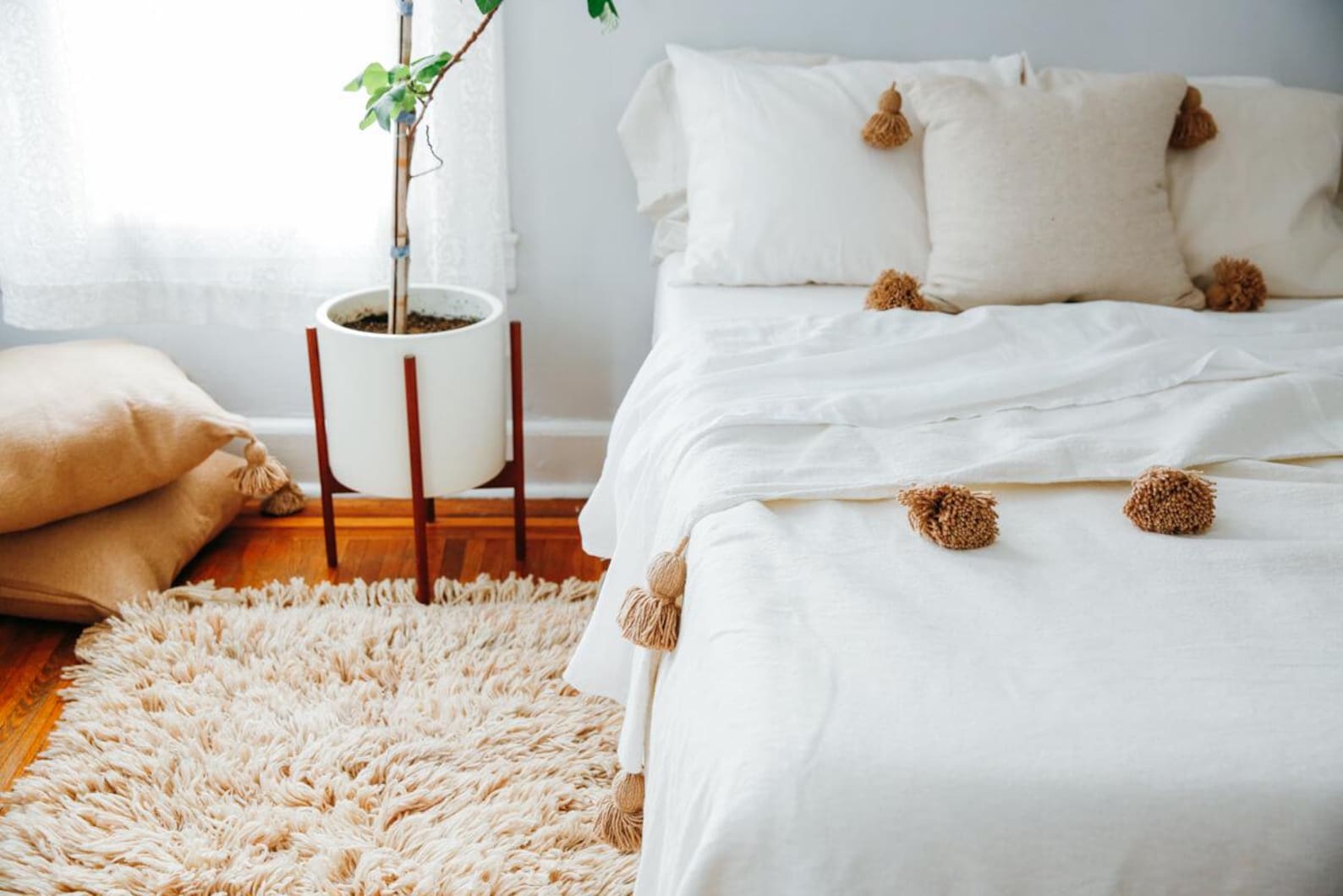Beige Moroccan Pom Pom Blanket - Handwoven Cotton Queen Coverlet — view 10