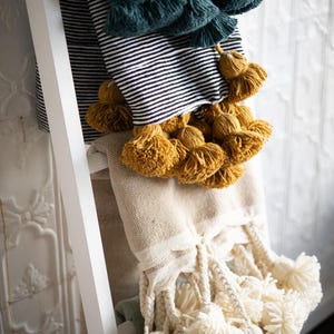 Sage Green Moroccan Pom Pom Throw Blanket Cotton with Long Wool Tassels / Bed throw / Couch Throw / Lap Blanket / Pom-pom blanket image 6