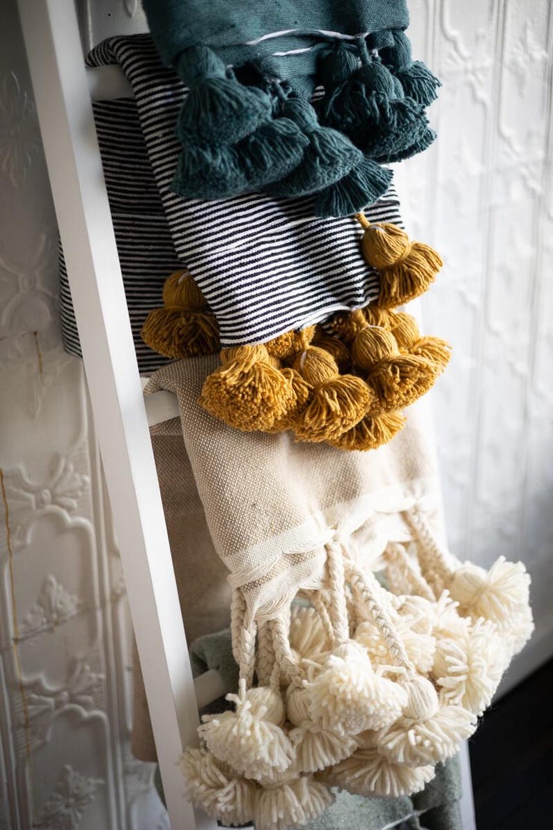 Sage Green Moroccan Pom Pom Throw Blanket Cotton with Long Wool Tassels / Bed throw / Couch Throw / Lap Blanket / Pom-pom blanket image 6