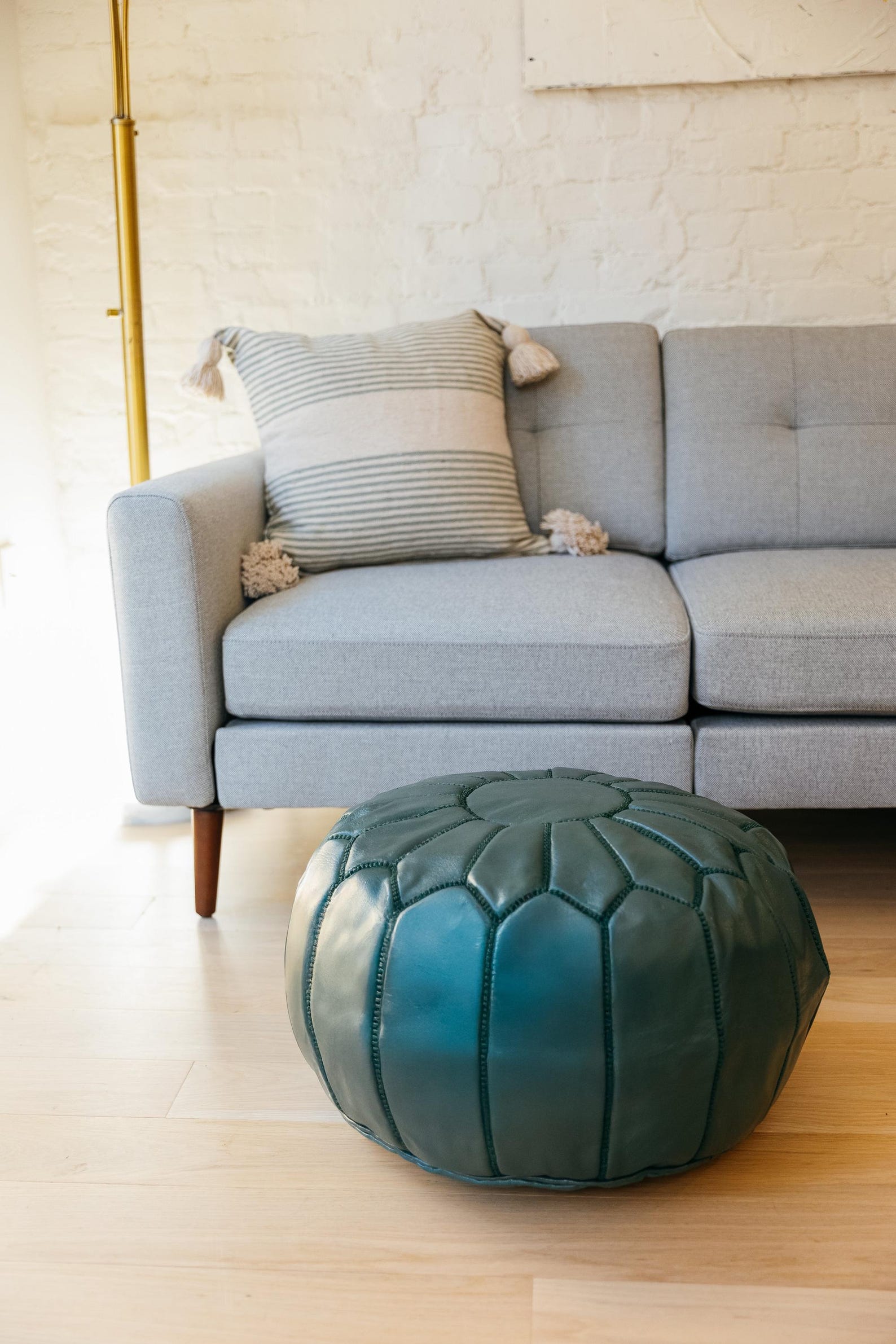 Teal Leather Pouf with Matching Stitching - Fes — view 6