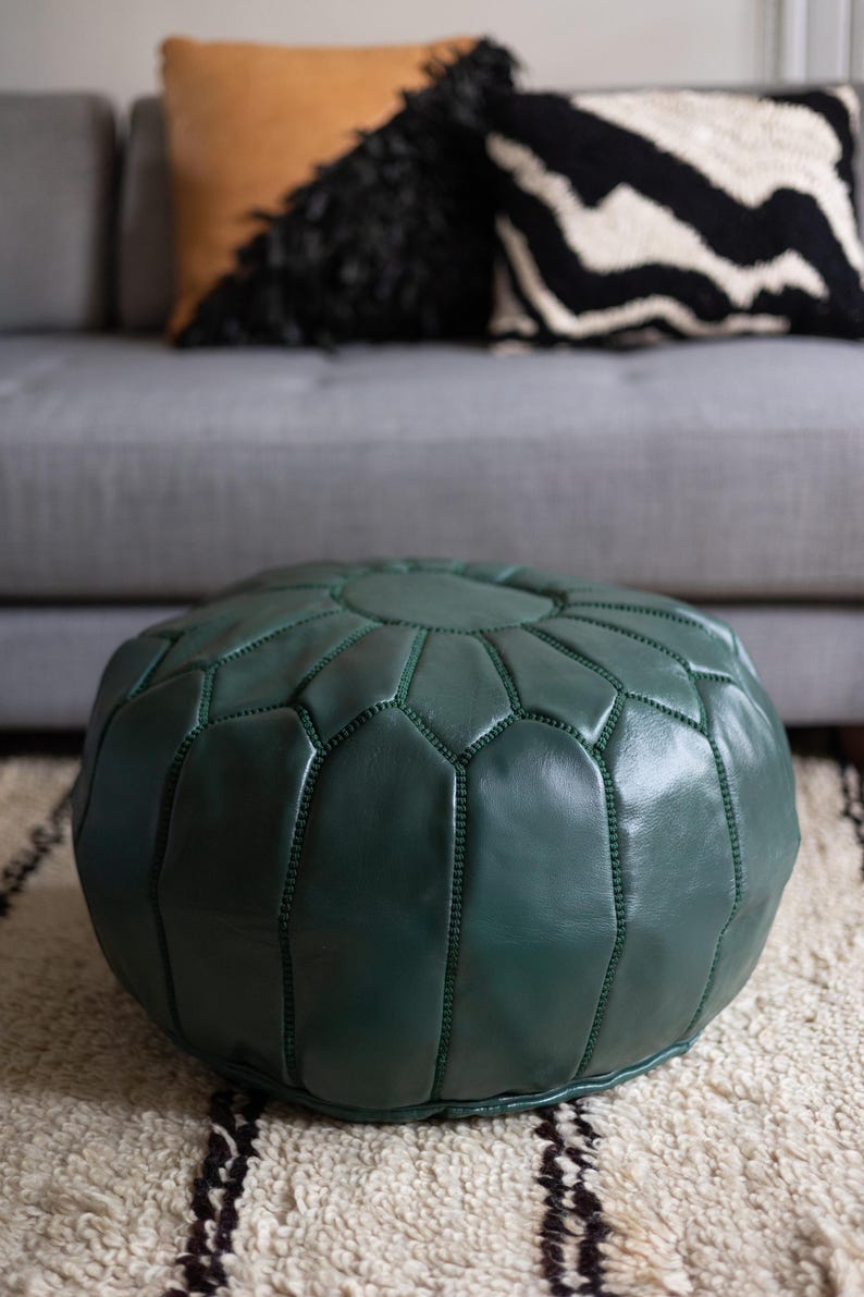 Teal Leather Pouf with Matching Stitching - Fes